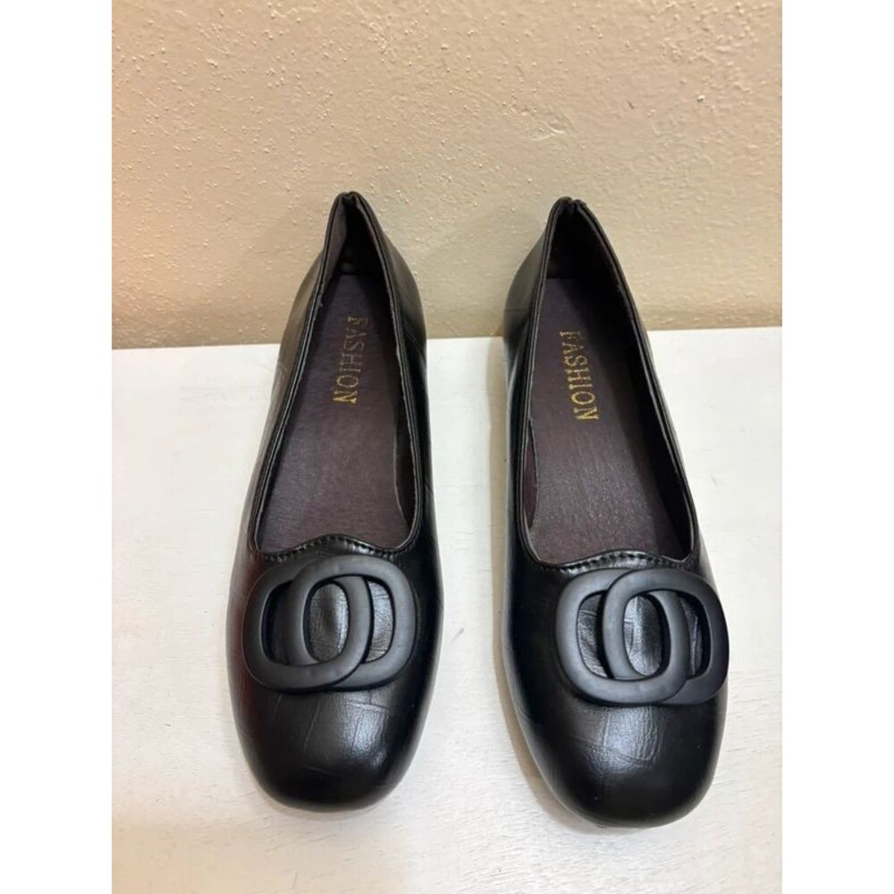 Women's Black Faux Croc Slip-On Flat Shoes with Double Ring Buckle Accent.